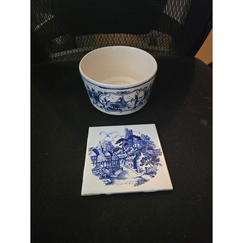 Delft Blue Handpainted Holland Bowl & H&R Johnson England Village Tile Set